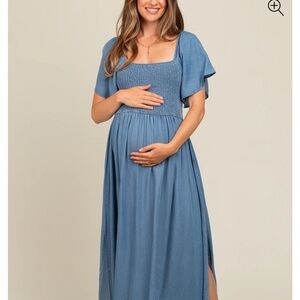 Chambray Smocked Maternity Maxi Dress